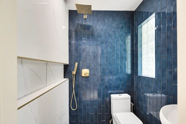 a bathroom with a toilet and a shower