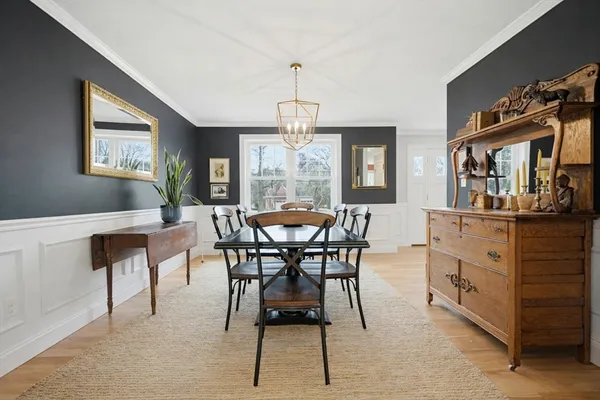 a view of a dining room with furniture and window