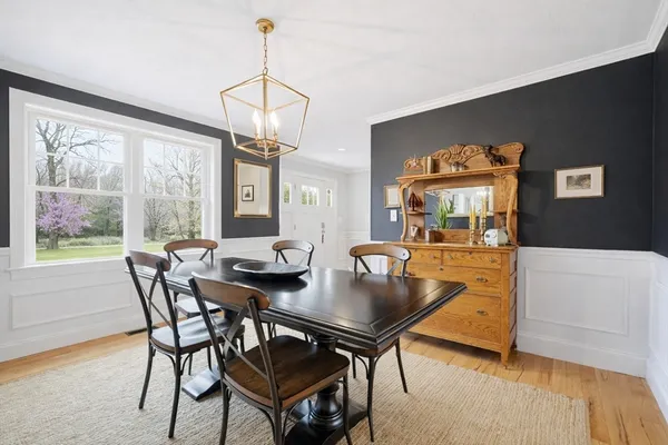 a view of a dining room with furniture window and outside view