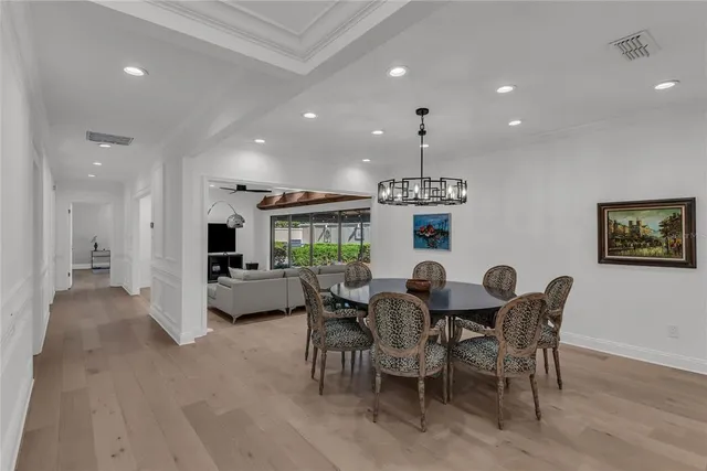 a view of a dining room with furniture
