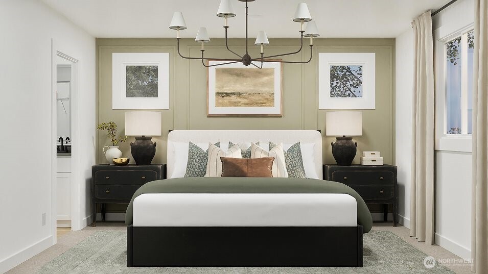 547 Silver Frost Drive Sequim, WA 98382 - Photo 6 of 15 a bedroom with a bed and a chandelier