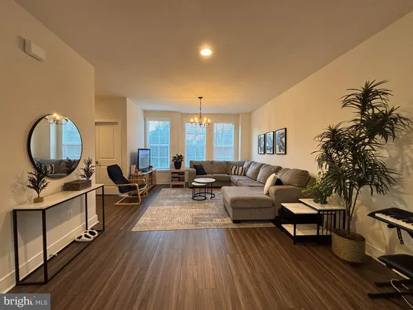a living room with furniture a rug a potted plant and a large window
