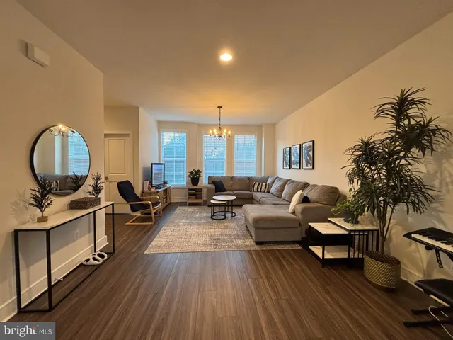 a living room with furniture a rug a potted plant and a large window