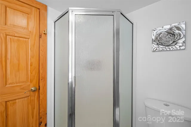 a bathroom with a shower and a toilet