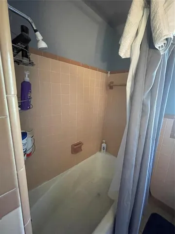 a bathroom with a shower and toilet
