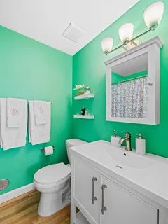 a bathroom with a sink mirror and toilet