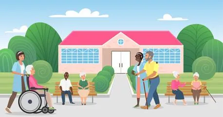 a group of people sitting in front of a building