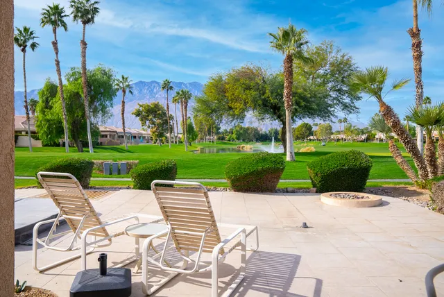 a view of a backyard with a garden and entertaining space