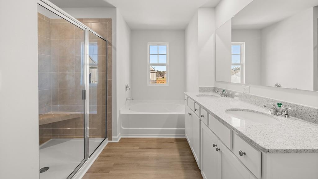 247 Hampton Terrace Dallas, GA 30157 - Photo 14 of 29 a bathroom with a granite countertop sink a mirror and a bathtub