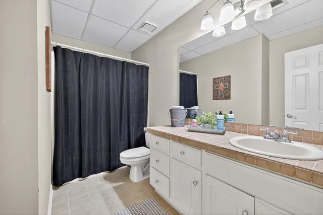a aerial view of a house with swimming pool and large trees
