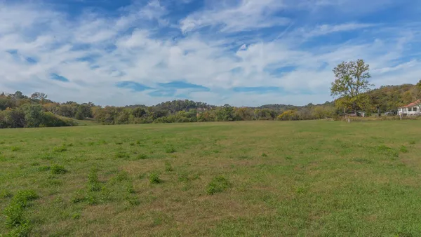 a view of a field with an ocean and trees