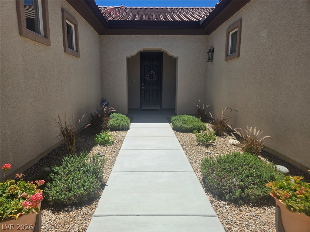 2567 Dirleton Place Henderson, NV 89044 - Photo 5 of 67 A welcoming walkway leads to the entry, bordered by natural landscaping and textured stucco.