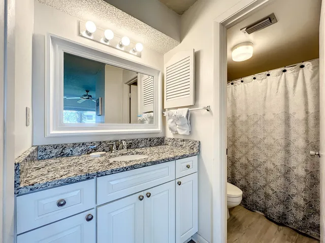 a bathroom with a granite countertop sink toilet and mirror
