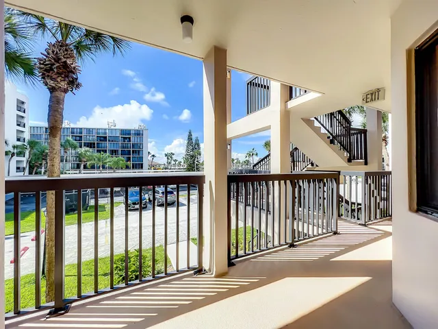 a view of a building from a balcony