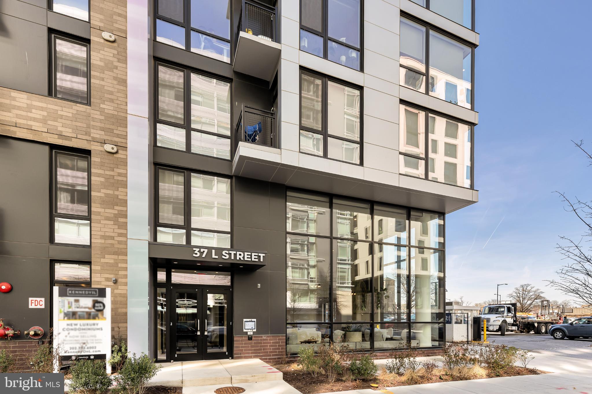 a view of a building with a street