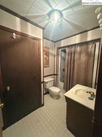 a bathroom with a shower and a toilet