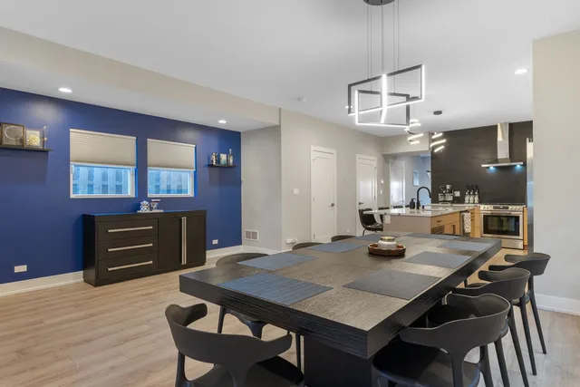 a view of a dining room with furniture