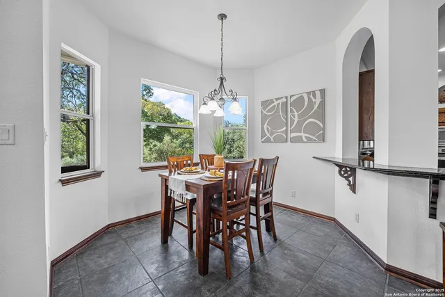 a view of a dining room with furniture window and outside view