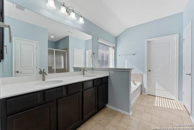 a bathroom with a double vanity sink a mirror and a shower