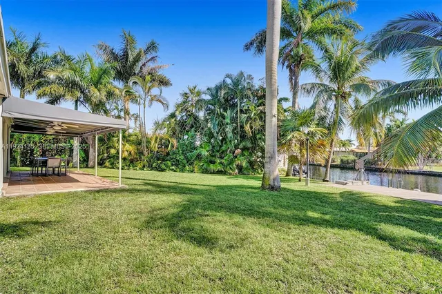 a view of a swimming pool with a table and chairs under palm trees