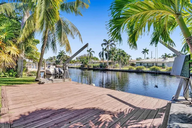 a lake view with boat and palm trees