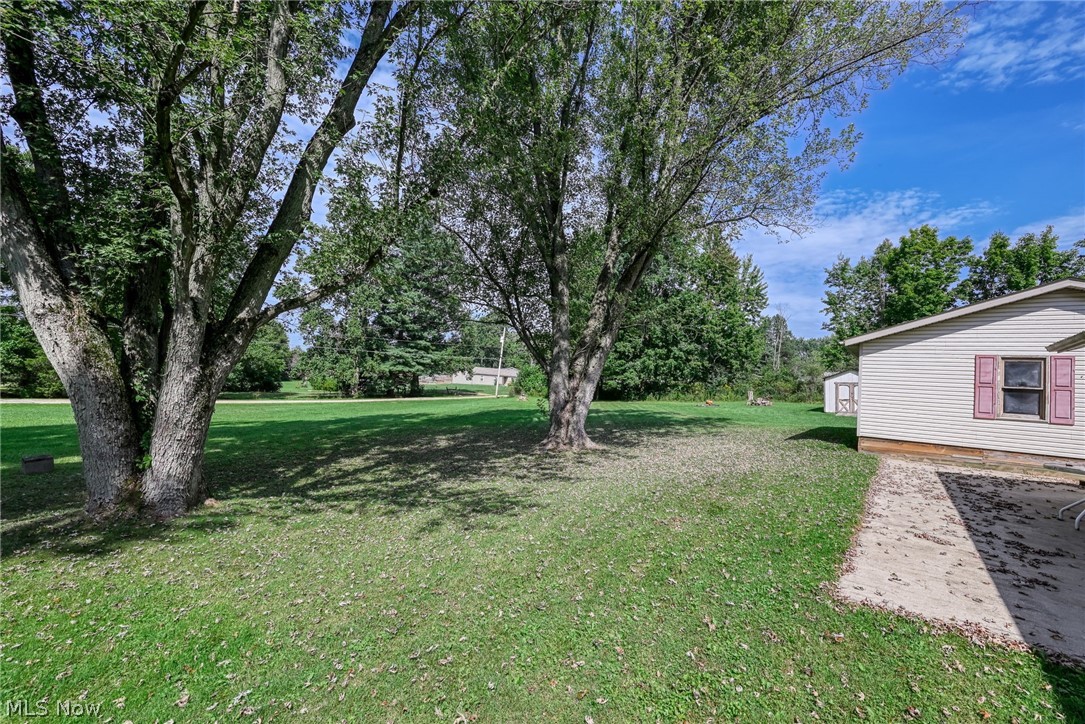 6503 Garrett Road Ravenna, OH 44266 - Photo 33 of 50 Expansive lawn with mature trees, a concrete pathway, and a detached storage shed