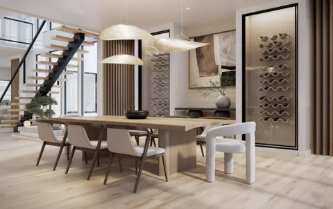 a dining room with furniture and window