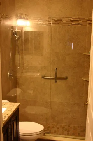 a bathroom with a shower and a toilet