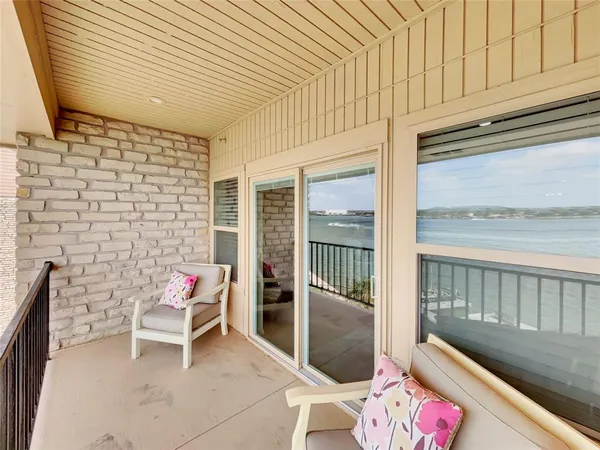 a balcony with hardwood