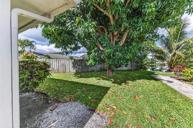 a view of yard with small fountain plants and large trees