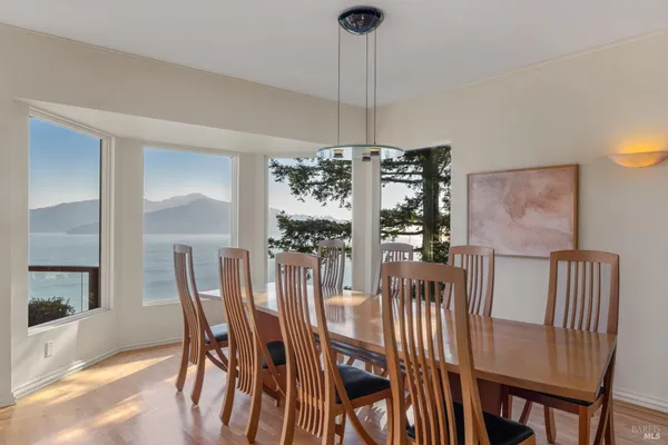 a view of a dining room with furniture window and wooden floor