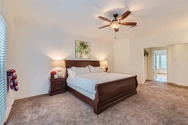 a bedroom with a bed and ceiling fan
