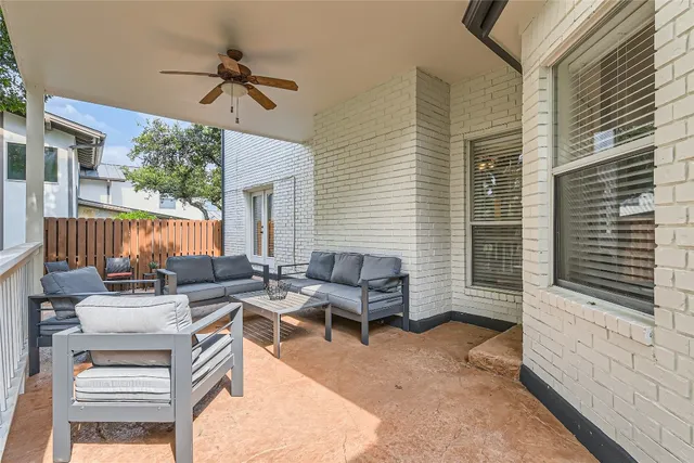 a building outdoor space with patio furniture