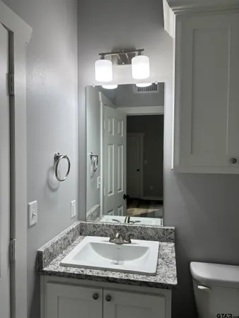 a bathroom with a granite countertop sink a toilet and a mirror