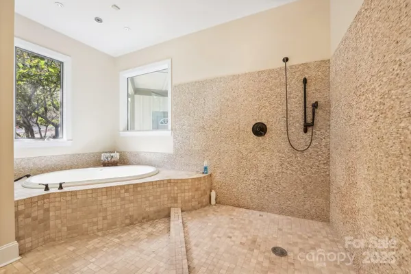 a bathroom with a tub and a shower