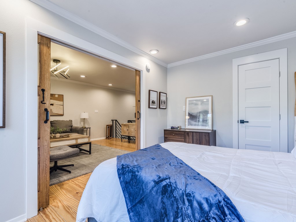 500 East Riverside Drive, Unit 206 Austin, TX 78704 - Photo 20 of 32 Bedroom with light wood finished floors, ornamental molding, and recessed lighting