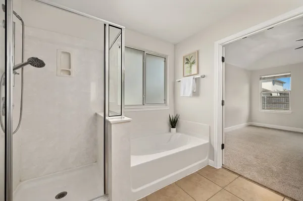 a bathroom with a bathtub shower sink and mirror