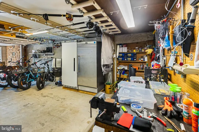a view of a storage room with furniture