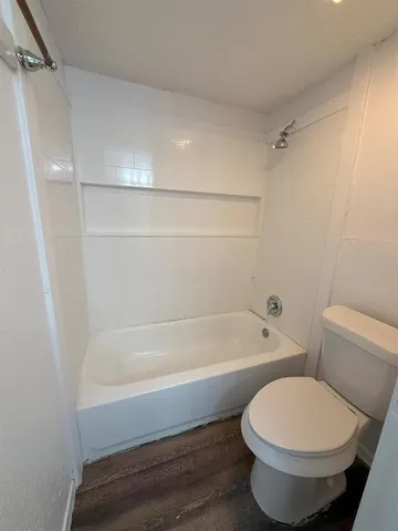a bathroom with a toilet and a bath tub