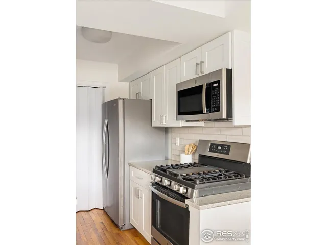 a kitchen with stainless steel appliances a stove and a microwave