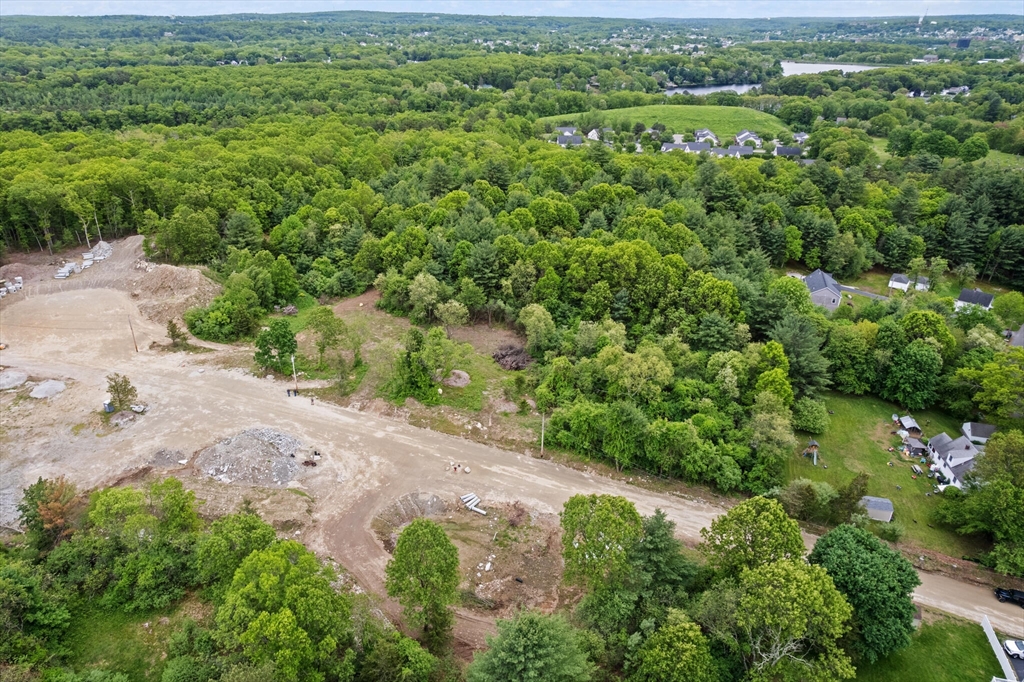 an aerial view of residential houses with outdoor space and trees