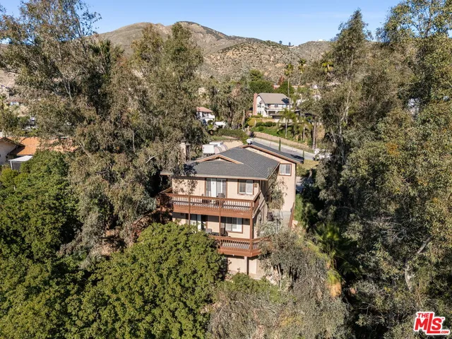 a view of a city with tall trees
