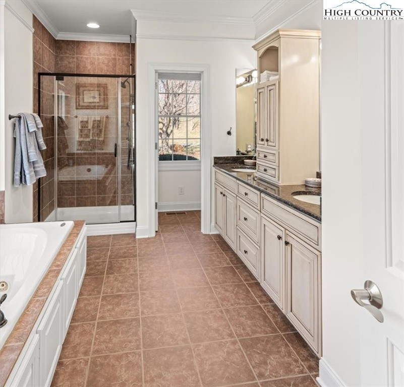 368 Fox Run Lane Sparta, NC 28675 - Photo 16 of 50 a large bathroom with a double vanity sink a large mirror and a shower