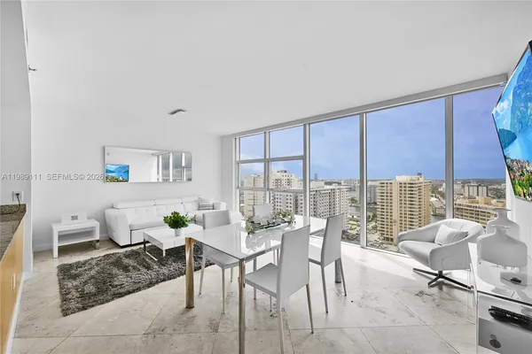 a view of a dining room with furniture window and outside view