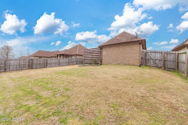 a view of a yard with a large tree