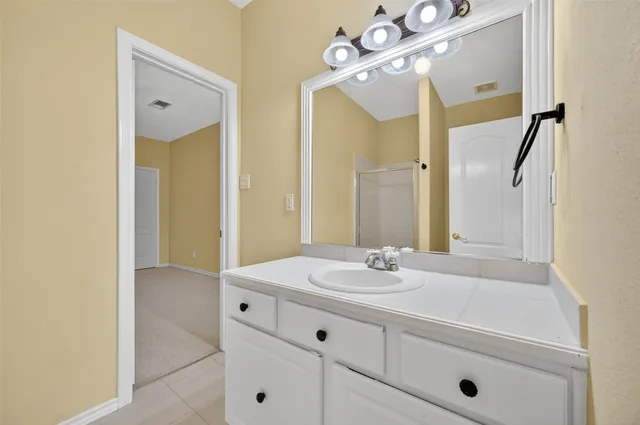a bathroom with a sink vanity and a mirror