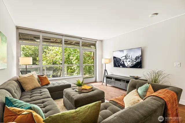 a living room with furniture and a large window