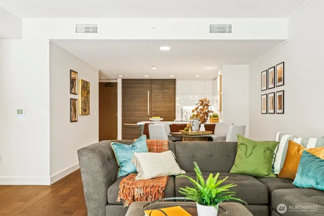 a view of balcony with wooden floor