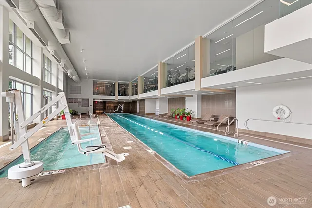 a view of a lobby with black and white walls