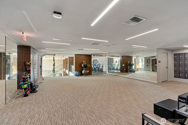 a view of a room with gym equipment